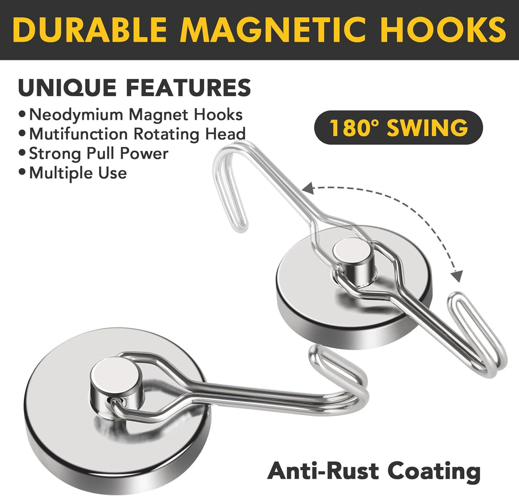 MIKEDE Magnetic Hooks, 80LB+ Swivel Swing Strong Magnetic Hooks Heavy Duty,Neodymium Cruise Hooks Magnets for Hanging, Home, Workplace, Metal Door, Office and Garage - Pack of 4