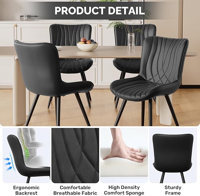 Dining Chair Set of 2 PU Leather Dining Room Chairs Upholstered Comfy Dining Chairs Modern Kitchen Armless Side Chair with Sturdy Metal Legs,Black