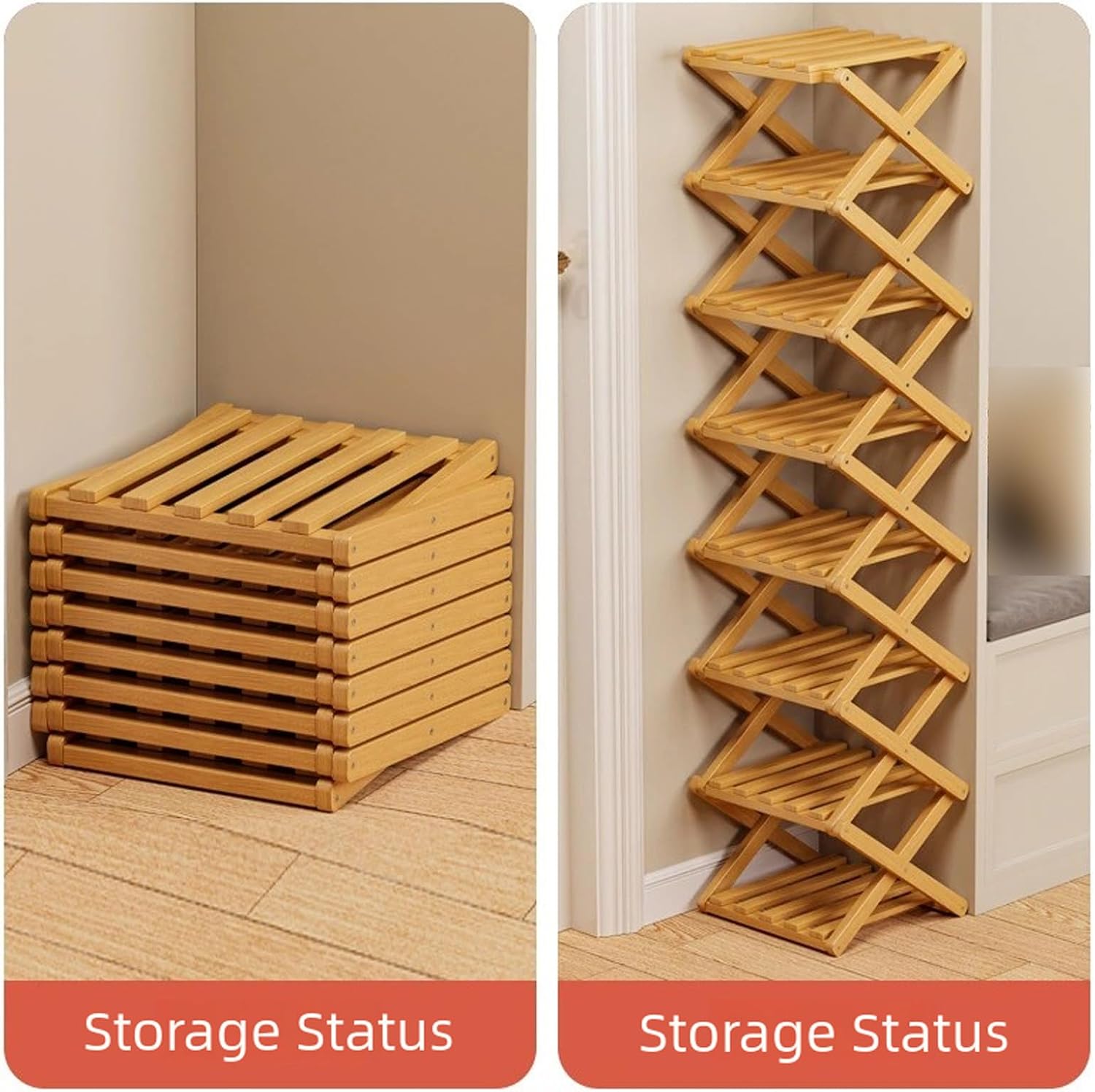 Bambooshoe Storage Rack, The 2-10-tier No-Assembly Bambooshoe, Natural or Tea Color, 2026 Upgraded Foldable 9 Bambo-o Corner Shoe Space Saving for Entryway Dorm