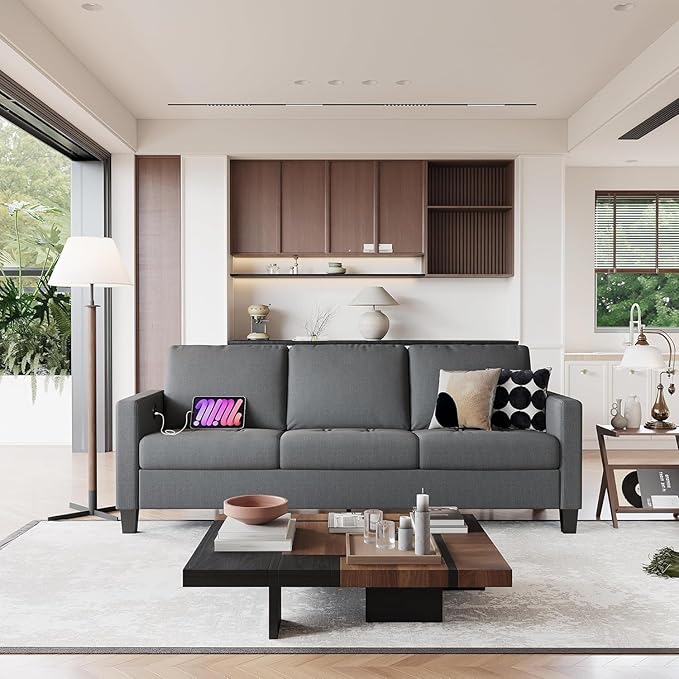 STHOUYN 73" W 3 Seater Sofa Couch with USB Ports, Grey Comfy Couches for Small Spaces, Mid Century Modern Couch Loveseat for Living Room, Apartment, Bedroom (Dark Grey)