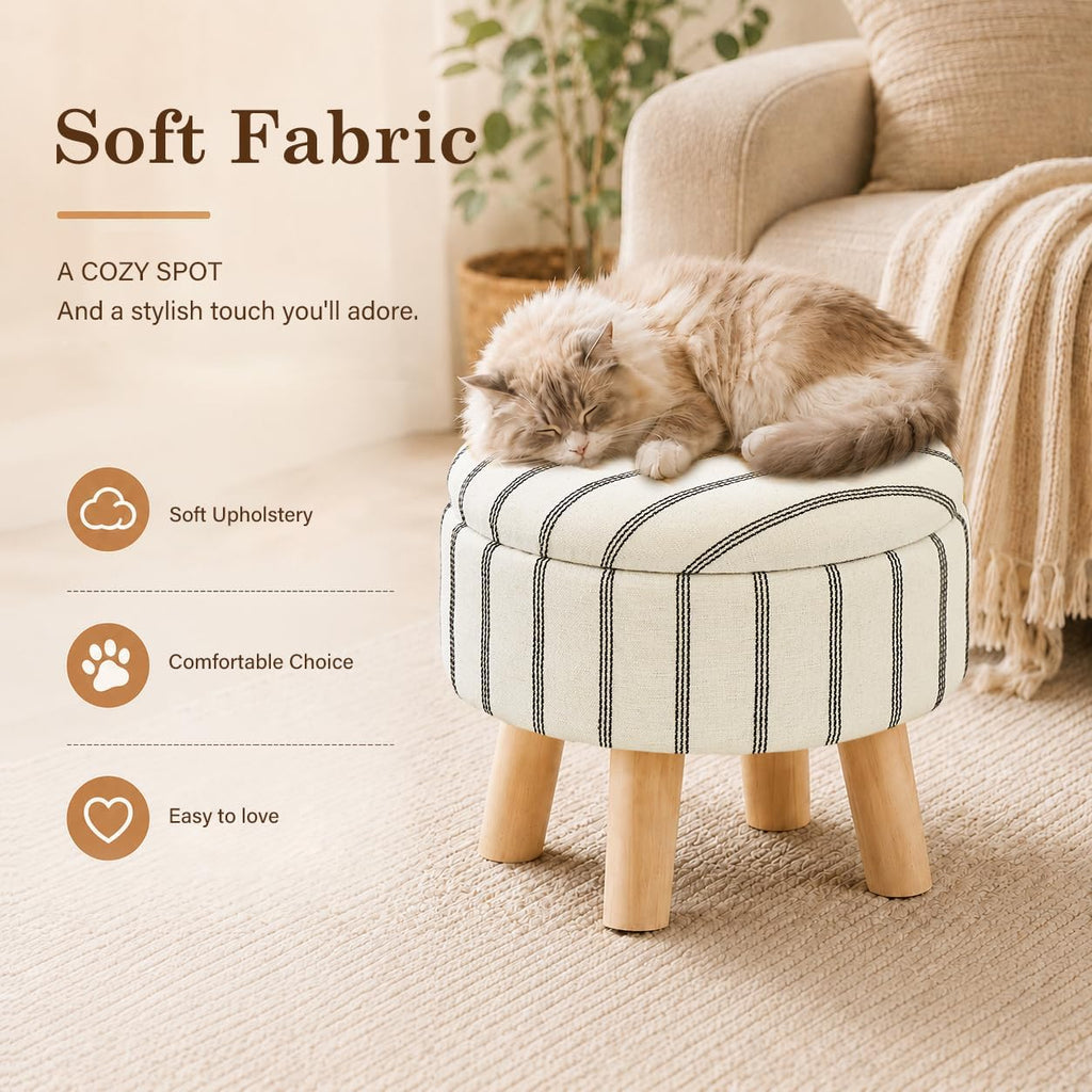 Wimarsbon Storage Ottoman, Modern Round Footrest with Soft Padded Seat, Striped Fabric Footstool with Wood Legs, Accent Small Table or Plant Stand for Hallway, Living Room (Black and White)