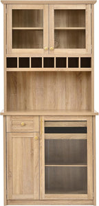 Farmhouse Tall Kitchen Pantry Storage Cabinet with Hunch, Freestanding Buffet Cabinet with Wine Rack and Adjustable Shelves for Kitchen, Dining Room (Natural)