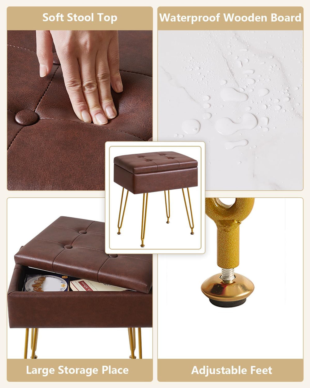 IBUYKE PU Storage Vanity Stool with Flip Tabletop, Ottoman, Brown WBD014Z | M...