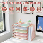 AUPSEN Rose Gold Desk Accessories Organizer,5-Tier Desktop Paper File Organizer with Adjustable File Holder, Office Desk Accessories for Office Supplies