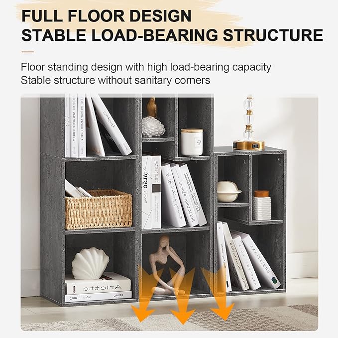 VECELO 3-Tier Small Bookcase, 4 Cube Bookshelf with Height Difference Shelves for Most Books, Modern Floor Standing Unit, Each Shelf Hold Up to 66 LBS for Living Room Bedroom, Grey