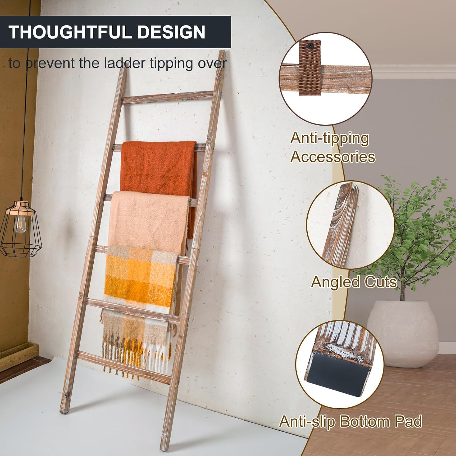 Blanket Ladder 6.4FT, Wooden Blanket Ladders for the Living Room, 6-Layer Farmhouse Rustic Quilt Rack for Living Room Bathroom (24 inch Wide)