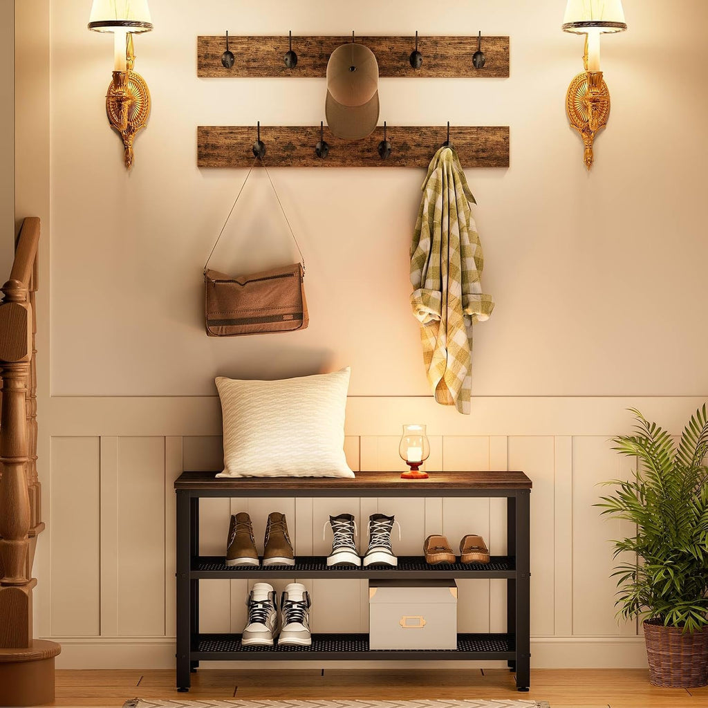 HOOBRO Hall Tree Entryway Storage Bench, Coat Rack Shoe Bench, Shoe Rack Organizer with Coat Hooks, 3-in-1 Design, Wooden Furniture with Metal Frame, Rustic Brown and Black BF17MT01