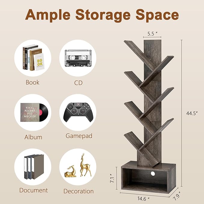 Hoctieon 6 Tier Tree Bookshelf, Tall Bookcase with Drawer, Freestanding Book Shelf, Display Floor Standing Storage Shelf, Book Organizer Shelves for Home Office, Living Room, Bedroom, Grey