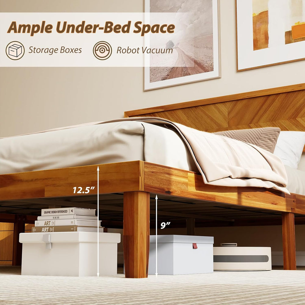 GOFLAME Queen Size Wood Bed Frame, Mid-Century Modern Platform Bed with Headb...