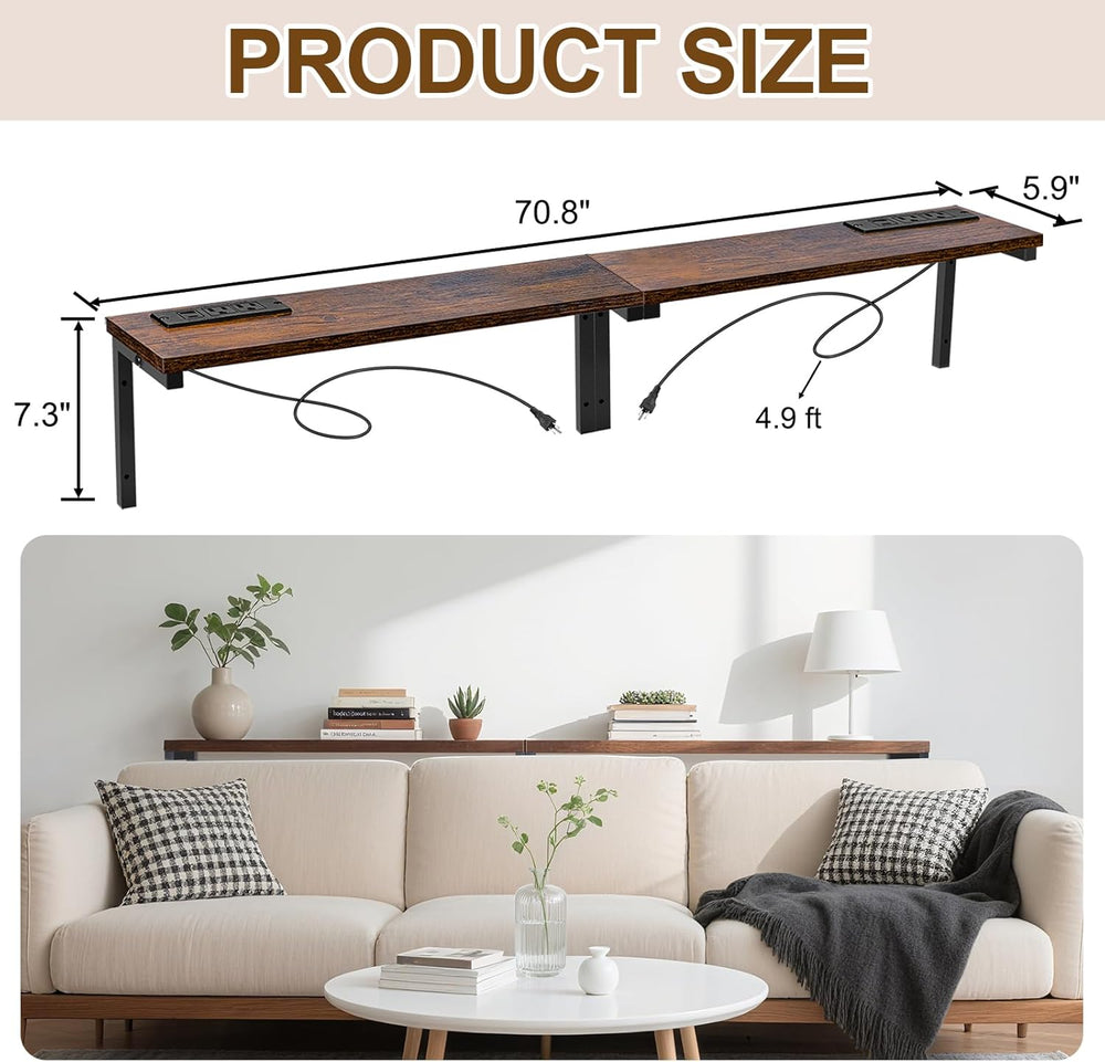 70.8" Narrow Console Table with Outlet, 5.9" Sofa Table Behind Couc...