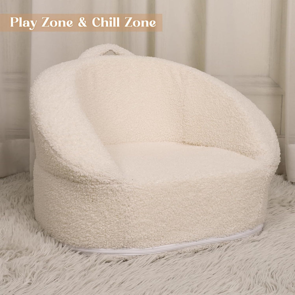 Mini Toddler Chair Comfy - 17.3'' Compact Kids Couch with Carry Handle, Soft Teddy Plush Toddle Chair, Washable Cover & Sturdy Design for Nursery & Playroom - White
