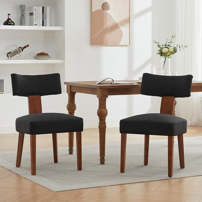 Dining Chairs Set of 2 Upholstered Dining Chairs, Mid Century Modern Kitchen Chairs with Solid Wood Legs and Ergonomic Curved Backrest, Black Linen Fabric (Black, Set of 2)