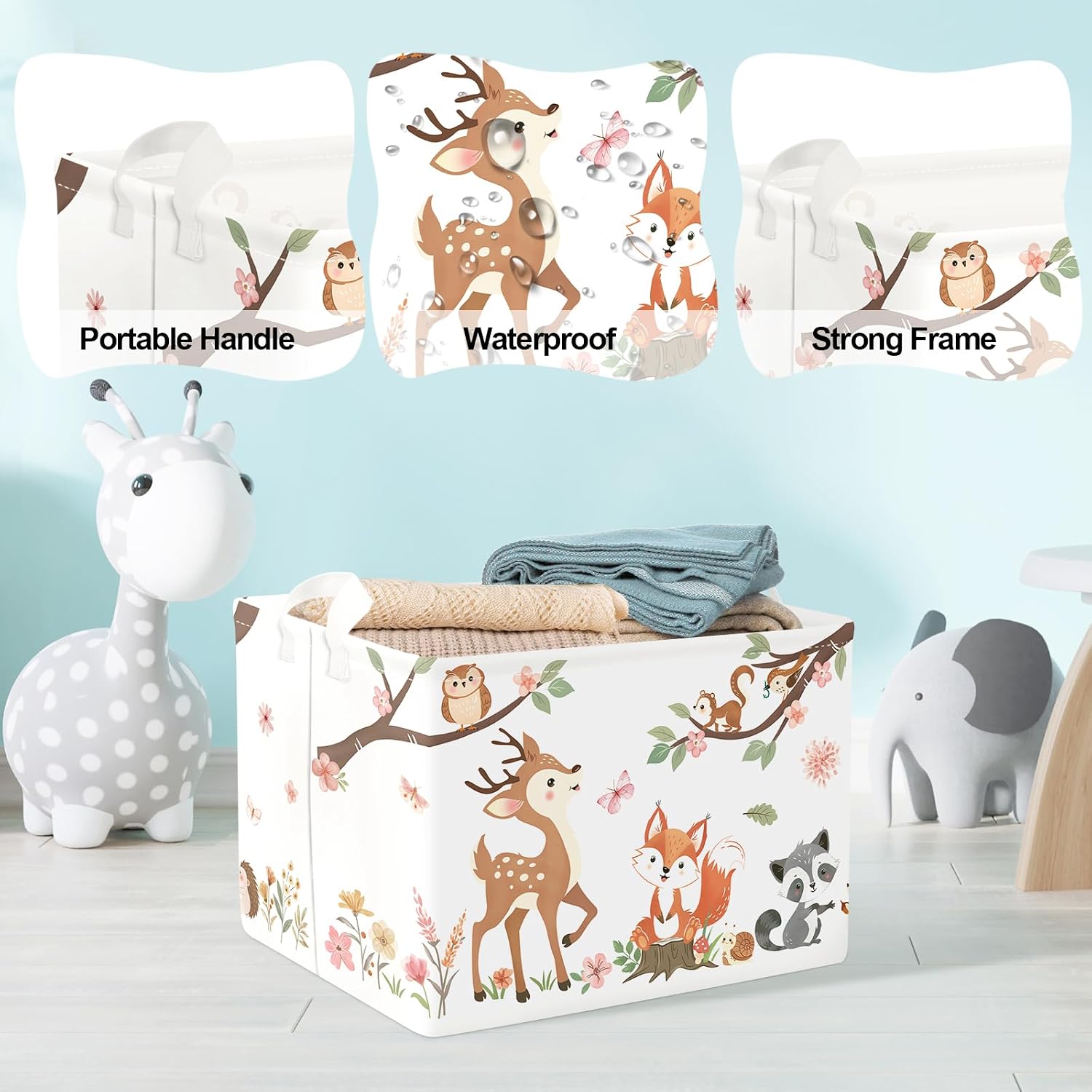 Clasty Animal Flower Kid Storage Basket Foldable Laundry Hamper, 36L Fox | Rectangle Clothes Book Gift Toy Organizer Bin, Playroom Bedroom Bathroom, Deer Raccoon, Girl Woodland Nursery Decor Basket