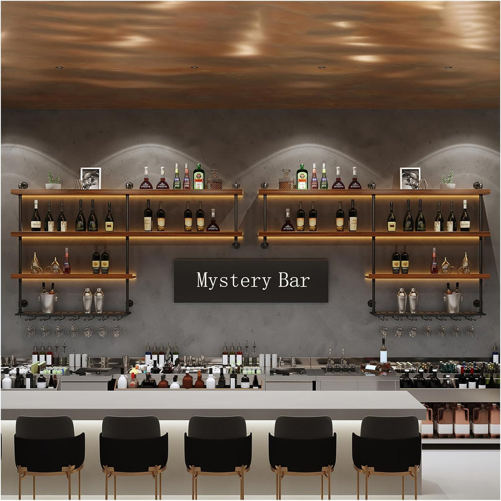 Solid Wood Wall Mounted Wine Rack, Large Wine Rack with LED Light, 4 Tiers Liquor Bottles Floating Shelves with Glass Holder, Industrial Bar Shelves for Home Bar Dining Room (118.1 IN/ 300CM)