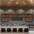 Solid Wood Wall Mounted Wine Rack, Large Wine Rack with LED Light, 4 Tiers Liquor Bottles Floating Shelves with Glass Holder, Industrial Bar Shelves for Home Bar Dining Room (118.1 IN/ 300CM)