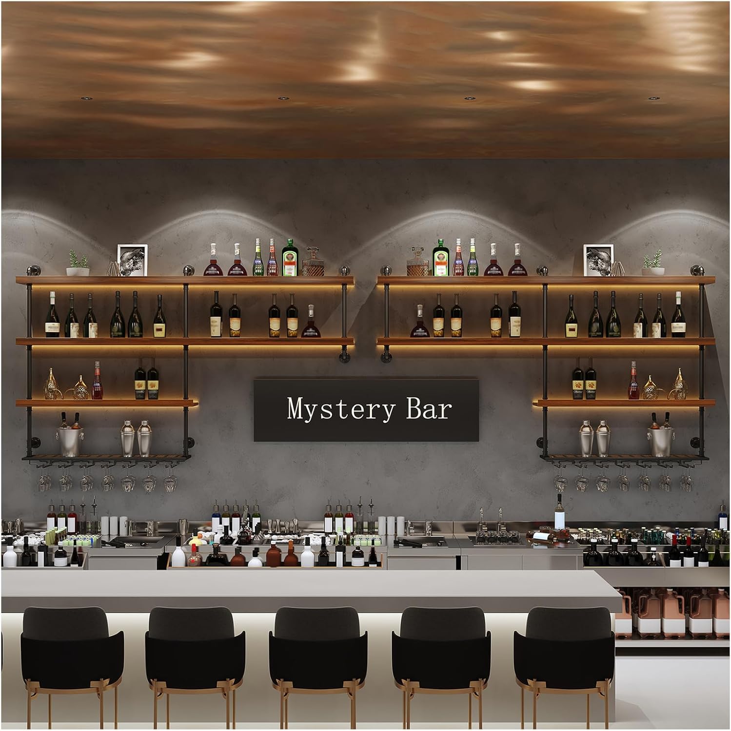 Solid Wood Wall Mounted Wine Rack, Large Wine Rack with LED Light, 4 Tiers Liquor Bottles Floating Shelves with Glass Holder, Industrial Bar Shelves for Home Bar Dining Room (118.1 IN/ 300CM)
