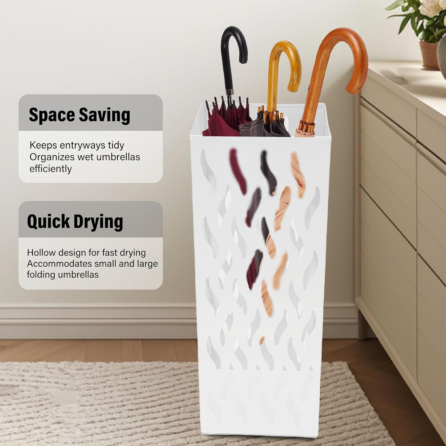 ZASCHMOY LUCKDANO Umbrella Holder, Space Efficient Organizer for Wet Umbrellas with Hollow Ventilated Design, for Home Office Hotel Entryway (White)
