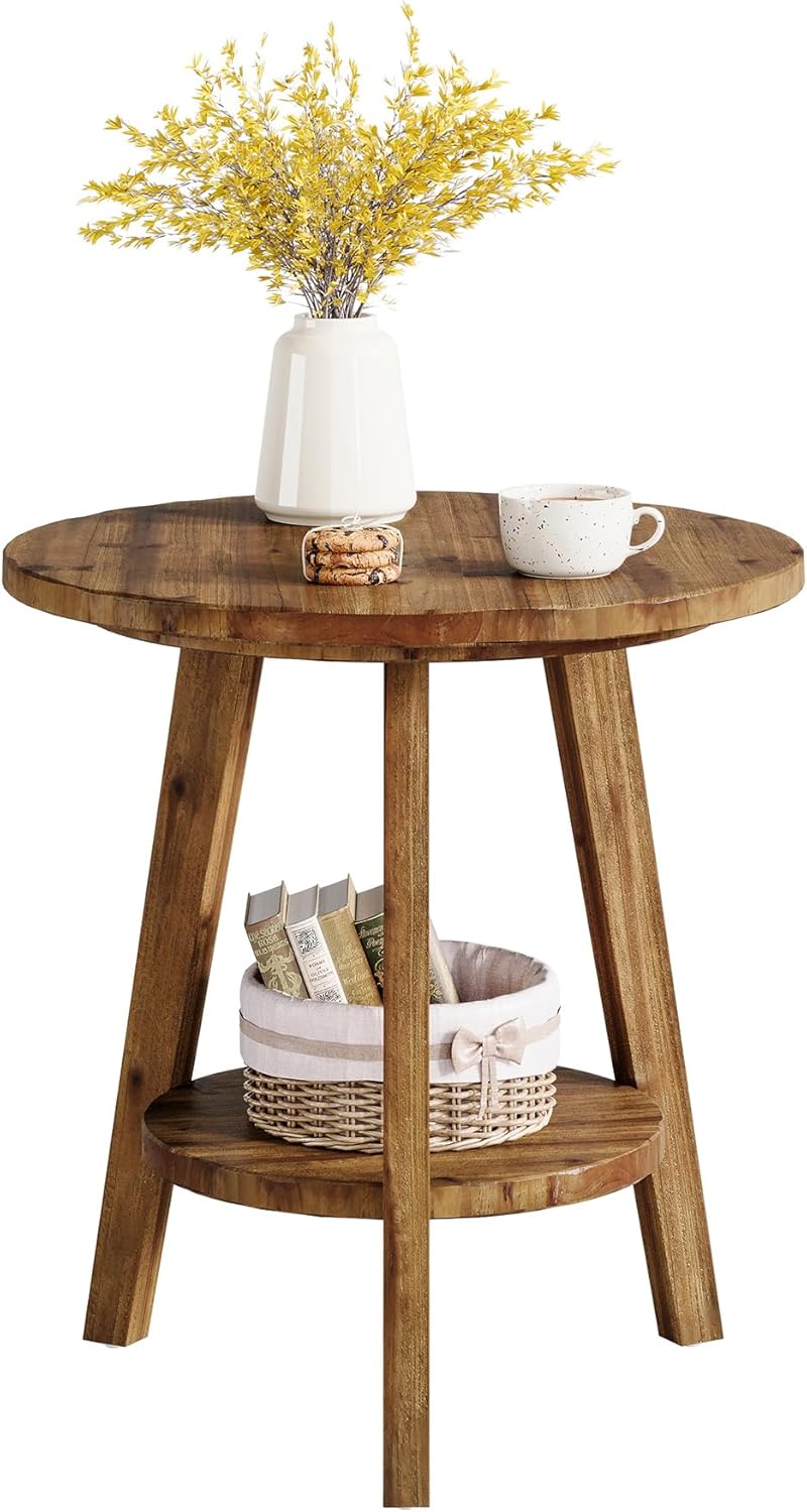 Solid Wood Round End Table, Sofa Side Table with Storage Shelf, Farmhouse Nig...