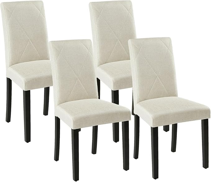 VECELO Upholstered Dining Chairs Set of 4, Modern Fabric and Solid Wood Legs & High Back for Kitchen/Living Room- Beige