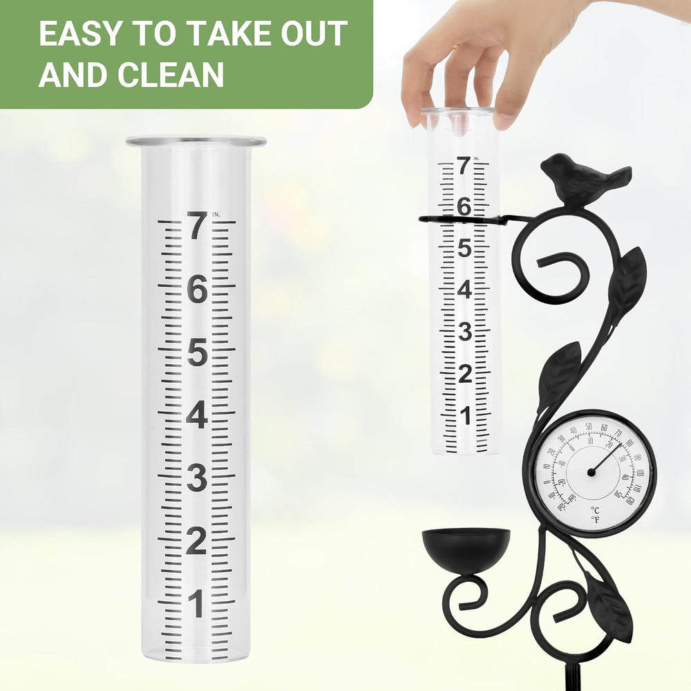 36in Black Bird Rain Gauge Thermometer Metal Garden Stake Decor