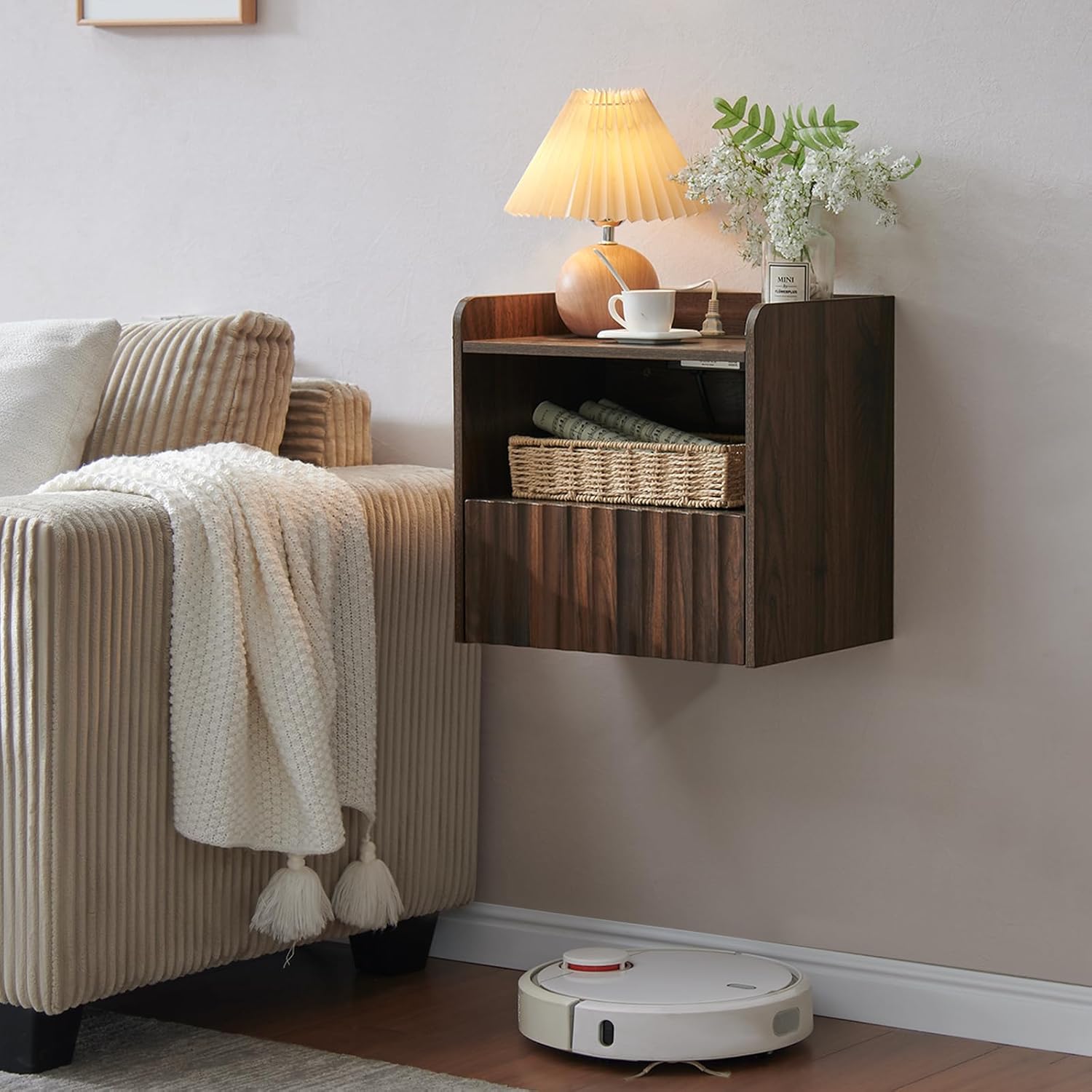 Modern Fluted Floating Nightstand Wall Mounted - Bedside Table with Storage Drawer & Display Shelf, Minimalist Bedroom Furniture for Studio Apartments(Walnut)