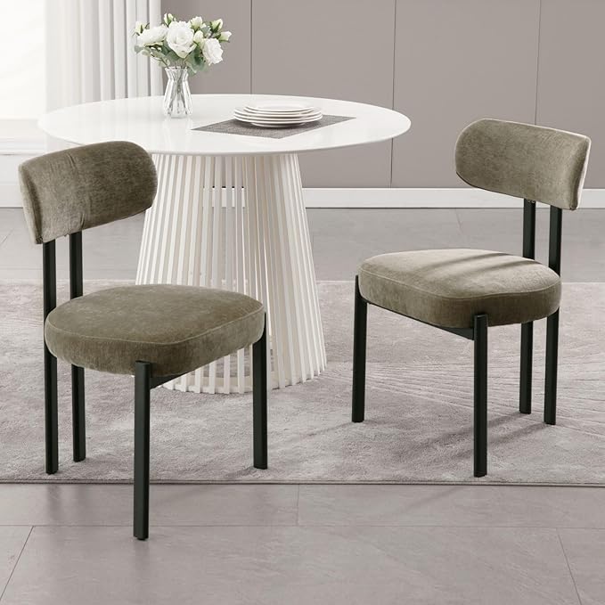 LukeAlon Chenille Dining Chairs Set of 2, Modern Upholstered Armless Kitchen Chairs with Black Metal Legs Curved Back Dining Room Chairs Reception Chair for Living Room Office, Green