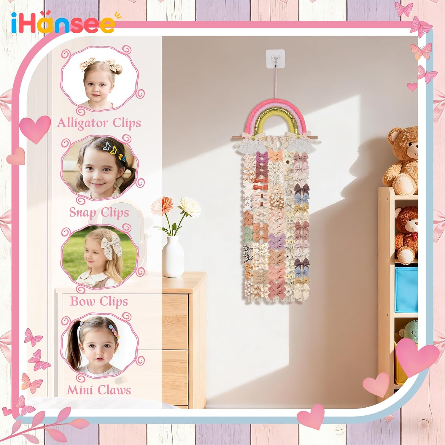 Rainbow Hair Bow Organizer for Girls Baby Hair Clips Holder Ribbons | Tassels Baby Bow Holder Hairpin Display Storage, Hanging Hair Accessories Storage,Nursery Girls Room Decor(26x11 Inch)