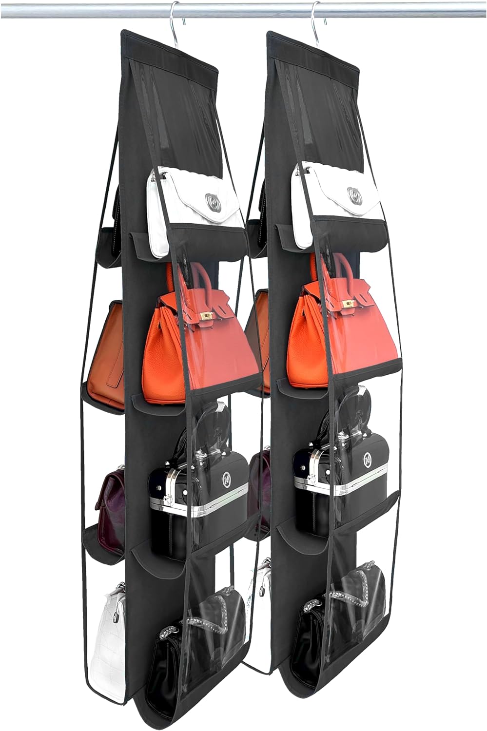 purse organizer, 2 Pack,purse organizer for closet, Upgrade Larger8 Pockets, hand bag storage organizer, bag organizer, thicken Metal Hooks, Black