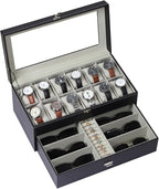 AUTOARK Leather & Velvet Watch Box & Sunglass Organizer,Black,MKAW043 | 12 Watch Box,6 Piece Eyeglasses Organizer,2 Layers with 1 Drawer, Lockable,Large Glass Top