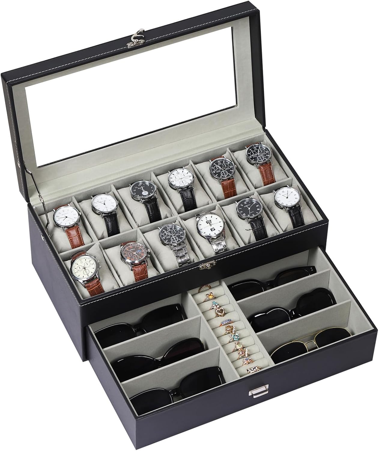 AUTOARK Leather & Velvet Watch Box & Sunglass Organizer,Black,MKAW043 | 12 Watch Box,6 Piece Eyeglasses Organizer,2 Layers with 1 Drawer, Lockable,Large Glass Top