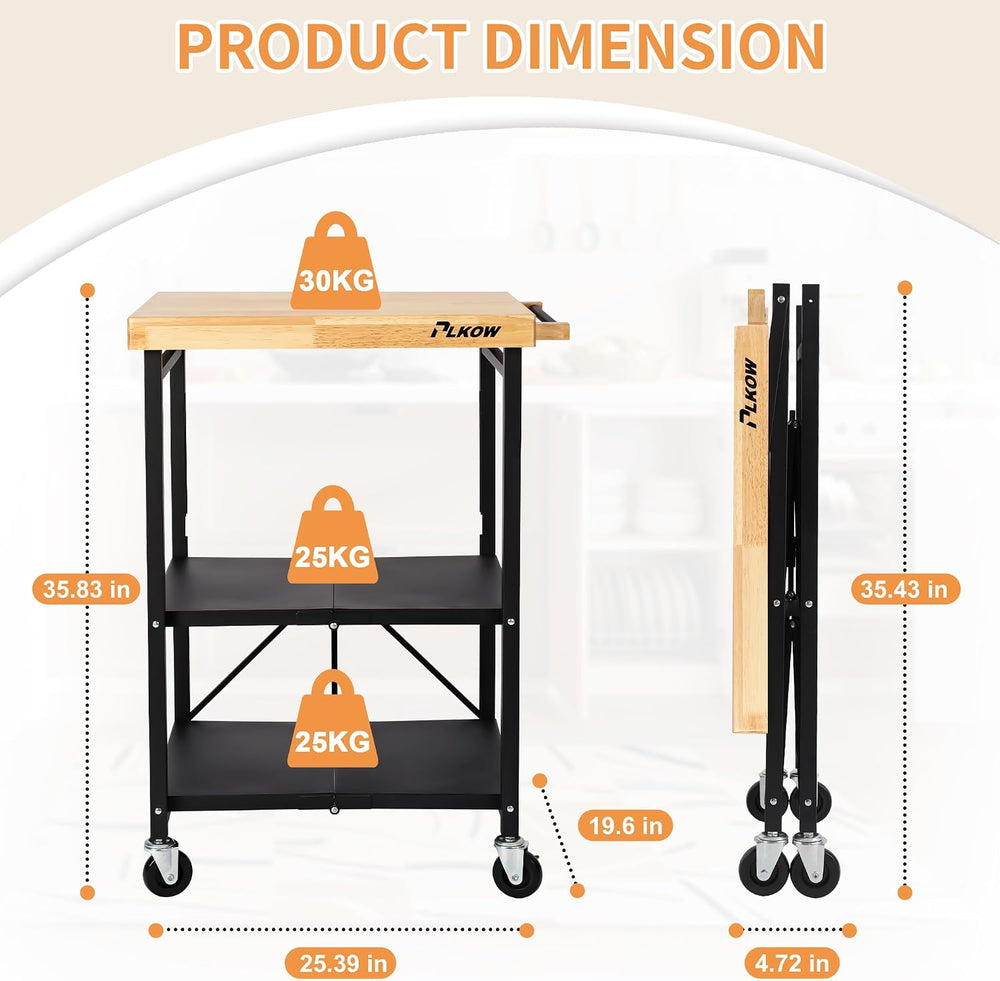 PLKOW Foldable 3-Tier Rolling Kitchen Cart with Solid Oak Top, Black | Solid ...