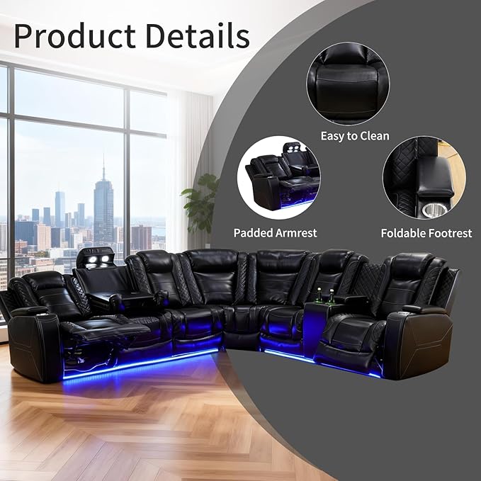 Power Reclining Sectional Sofa for Living Room,Modern L-Shaped Black Air Leather Sectional Couch Set,Recliner Sofa Set,with LED Lights,Cup Holder,Storage,Charging Ports,Home Theater Seat