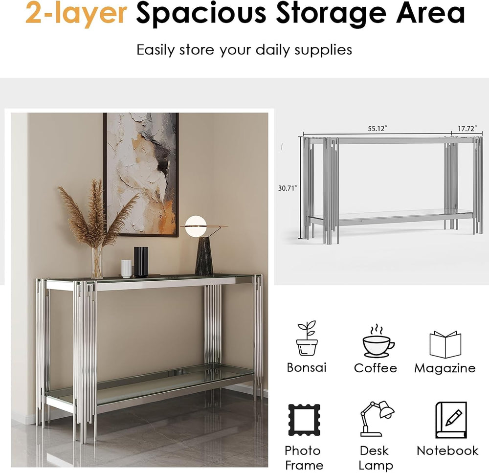 Modern Glass Entryway Table, 55" Long Console Table w/ 2 Tier Storage Sh...
