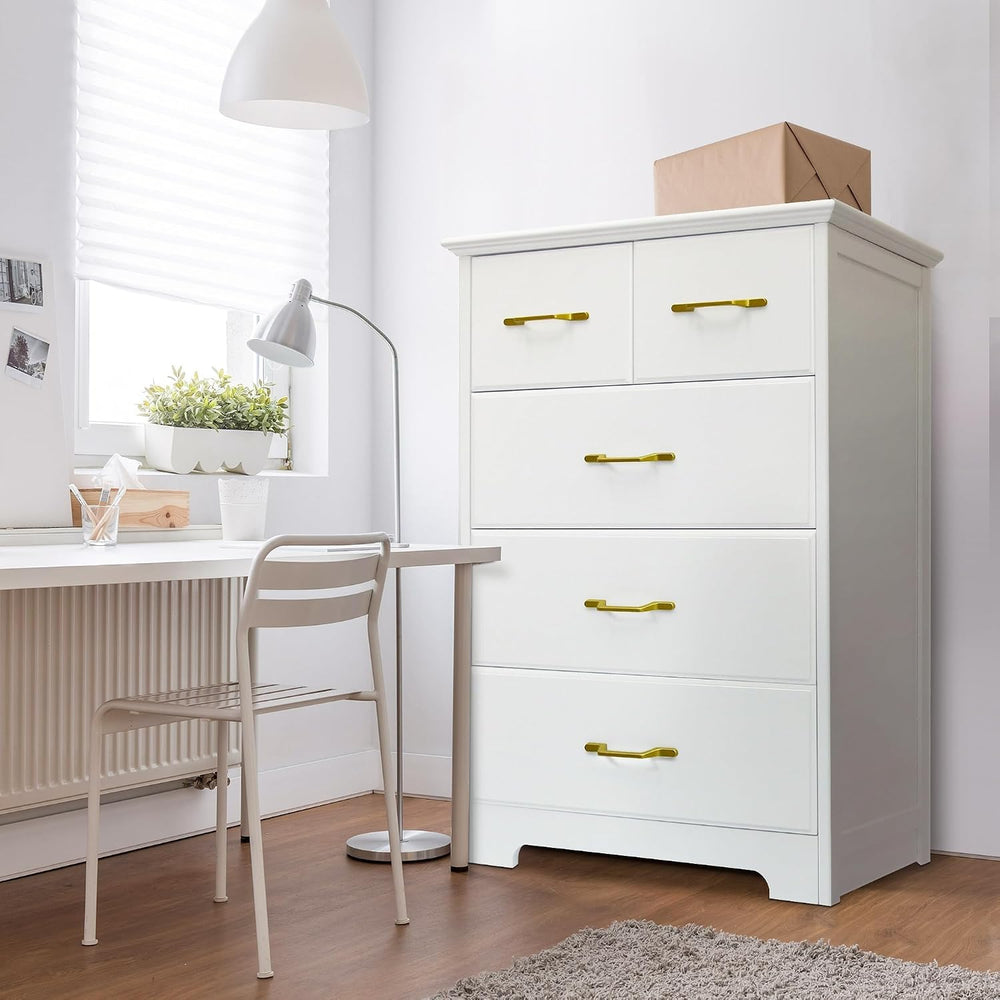 NEDYO 5 Drawer Accent Cabinet, Modern Tall Chest, White