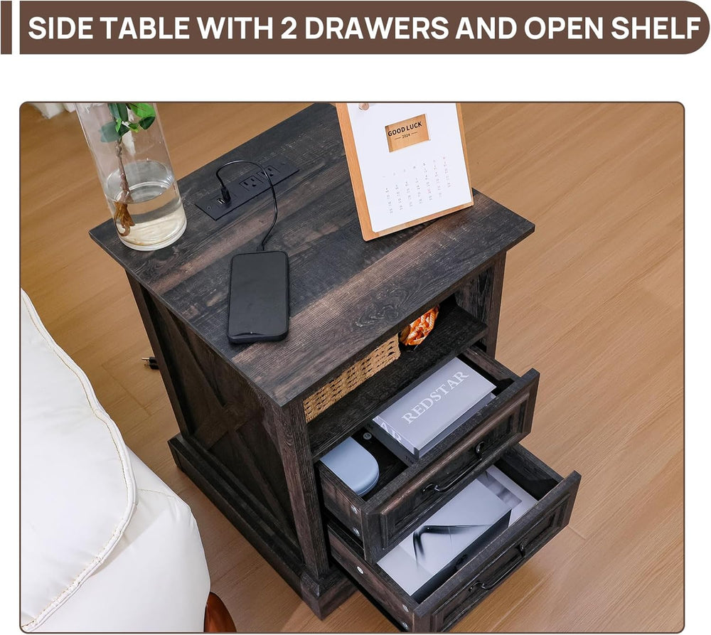 ALBAD Farmhouse Nightstand with Charging Station Rustic Bedside Table with 2 ...