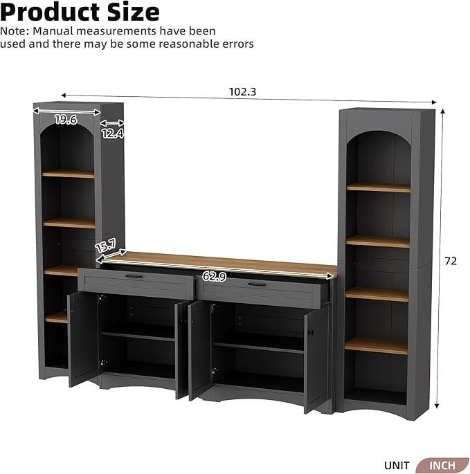 Merax Modern 3 Piece TV Stands with 2 Bookshelves for Televisions Up to 70'', Wood Large Entertainment Center w/Storage, Media Console for Living Room Bedroom, Gray