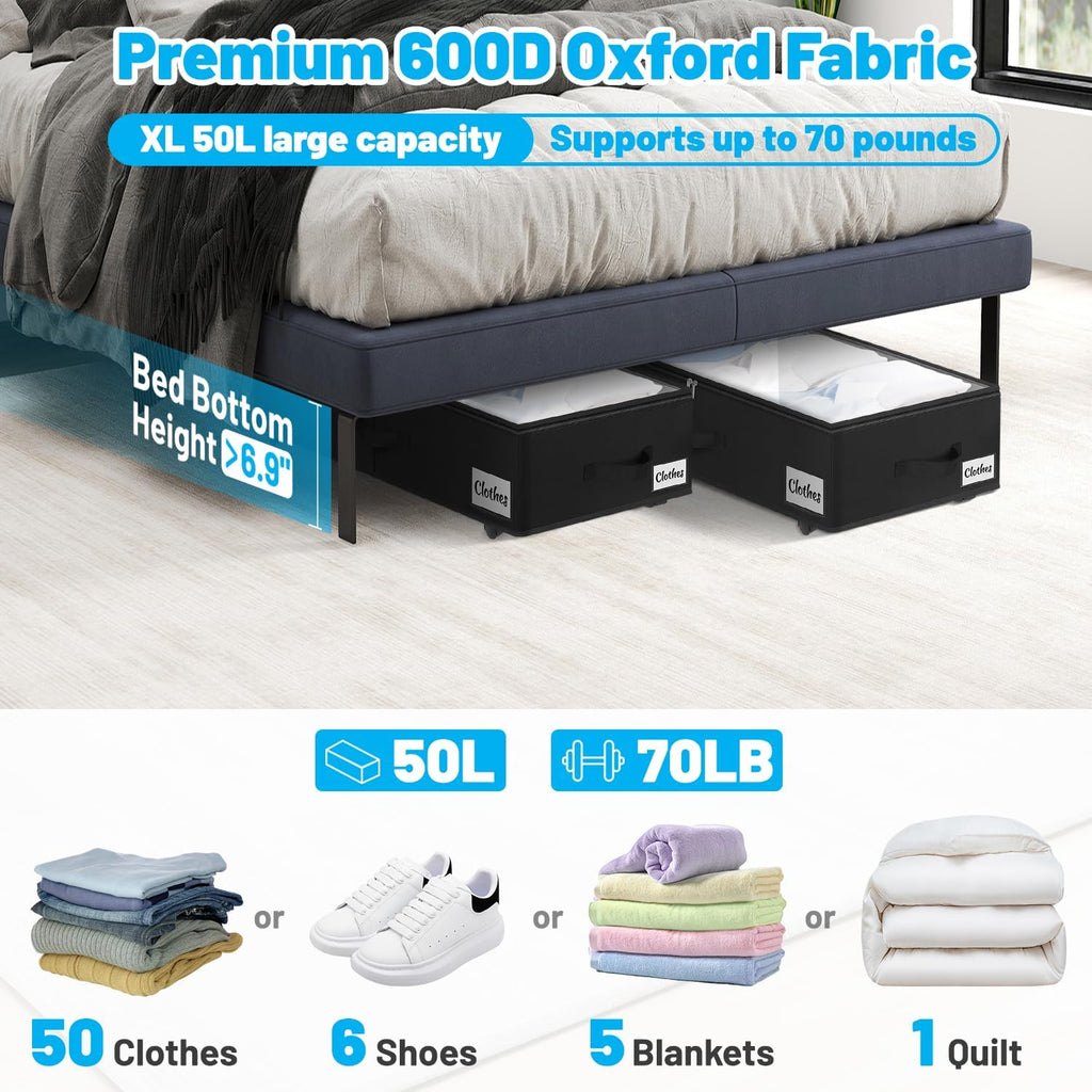 Under Bed Storage with Wheels, 2-Pack 6.7" Height XL 50L Rolling Storage Bins, Quick Assembly Underbed Shoe Storage Containers with Clear Lid & Label, Dorm Under bed Drawers for Clothes, Shoes, Black