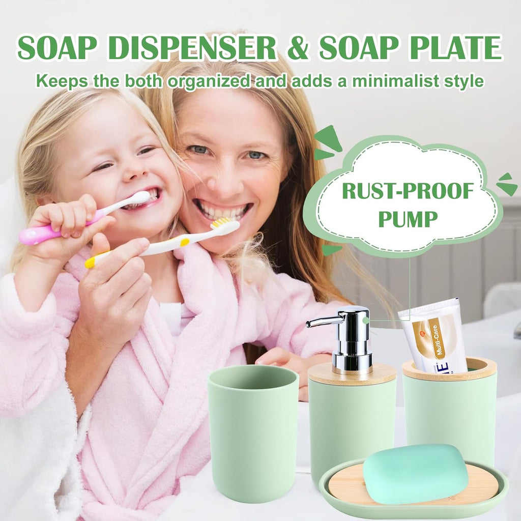 iMucci 9Pcs Pastel Green Bathroom Accessories Set - with Trash Can,Toilet Brush,Toothbrush Holder, Lotion Soap Dispenser, Soap Dish,Toothbrush Cup,Qtip Holder (Bamboo Cover)