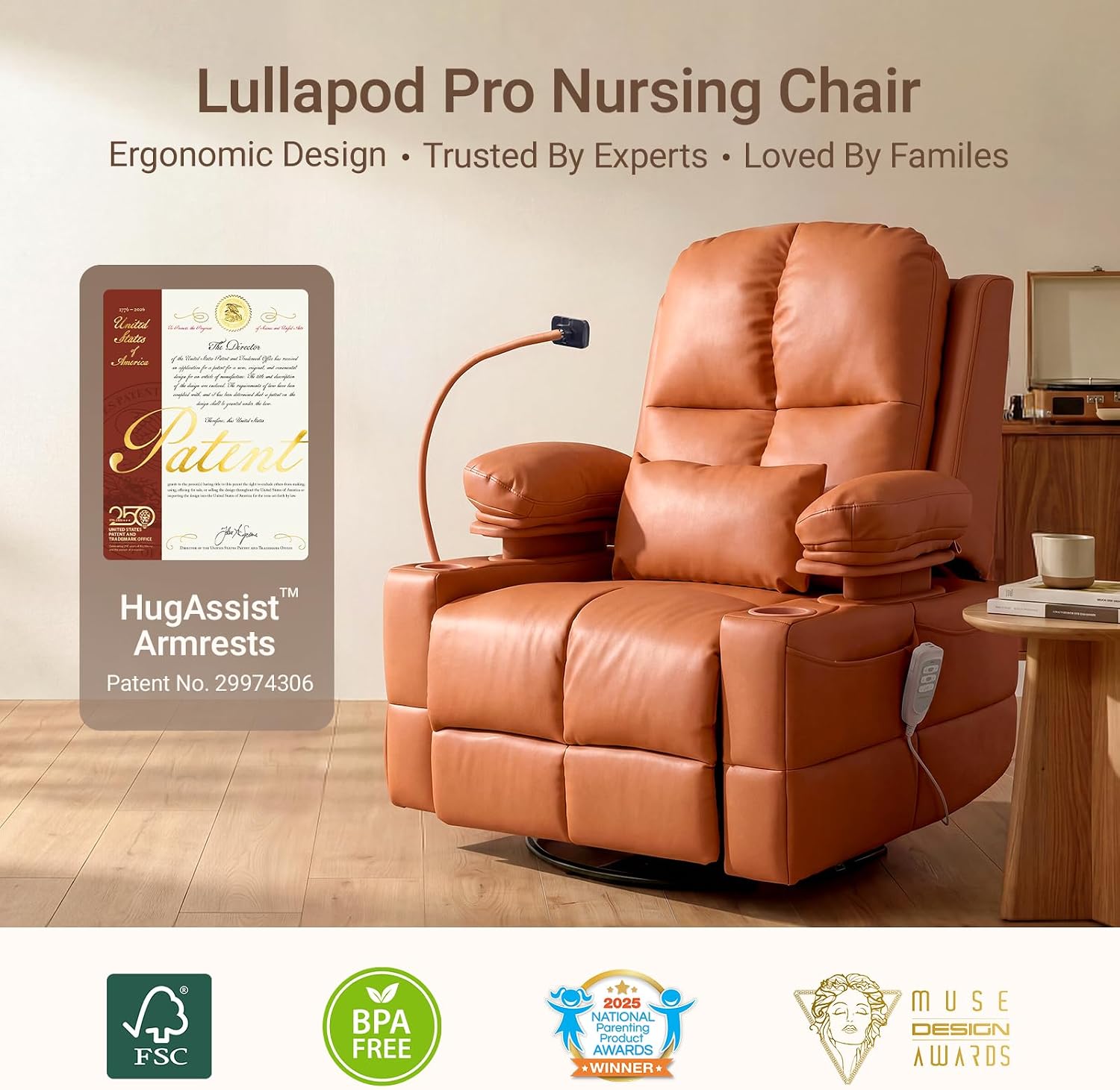 Triple Motor Power Swivel Rocker Recliner Chair with Adjustable Armrests for Adults, FSC Certified Faux Leather Rocking Chair for Living Room, Brown