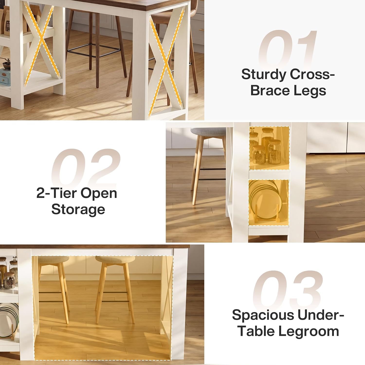 Tribesigns 62" Kitchen Island with Storage, Stationary Island Table | 2-Tier Open Storage Shelves, X-Frame Structure, Counter Height Table for Kitchen, Dining Room, Rustic Brown & White