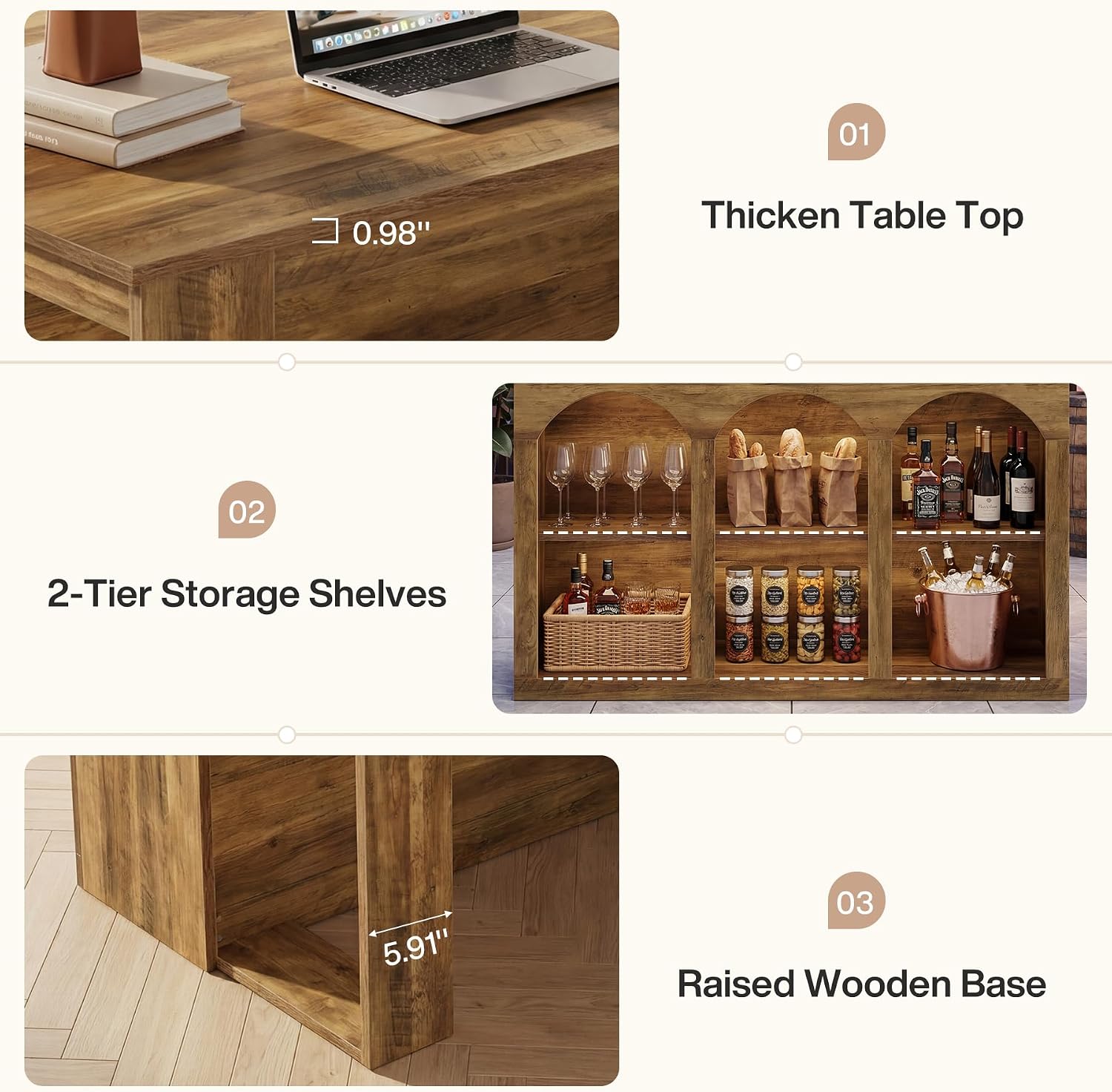 Tribesigns Kitchen Island with Storage, 55-in Counter Height Stationary Kitchen Table with 2-Tier Shelves & Large Worktop, Wooden Coffee Bar Table for Dining Room, Rustic Brown