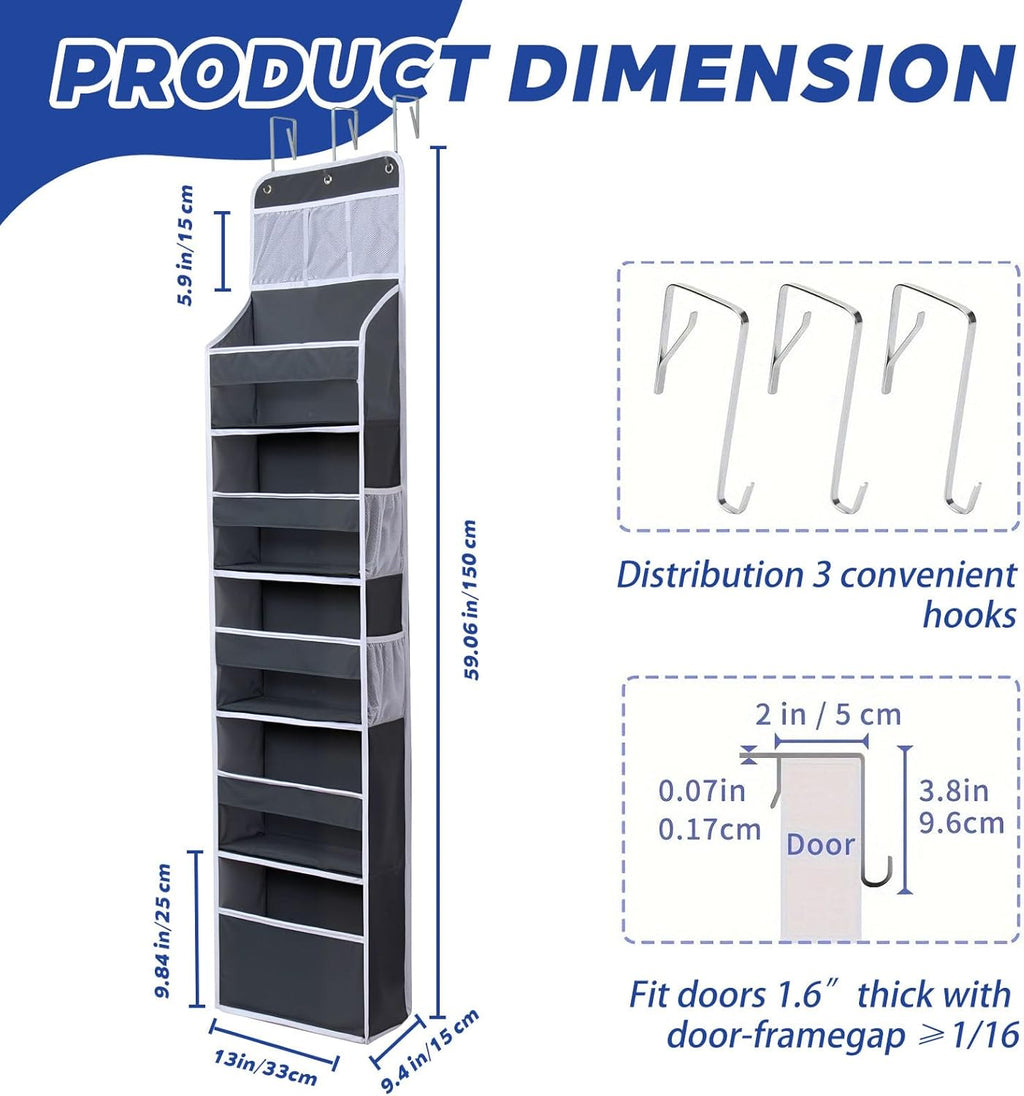 Over The Door Organizer 6 Tier with 12 Pockets & Reinforced Hooks - 59" Hanging Storage Organizer for Bathroom, Nursery, Pantry & Laundry (Deep Grey)