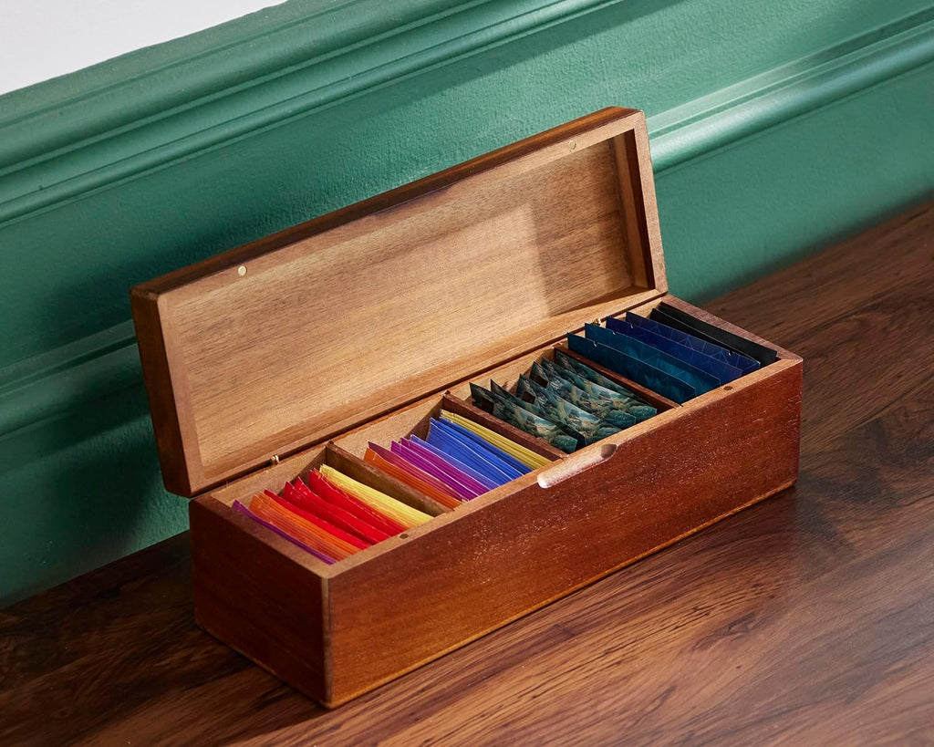 SEVENY Wooden Tea Bag Organizer Box with 4 Compartments | Tea Storage Caddy, Coffee Packet Organizer, For Kitchen Counter, Home Office Display