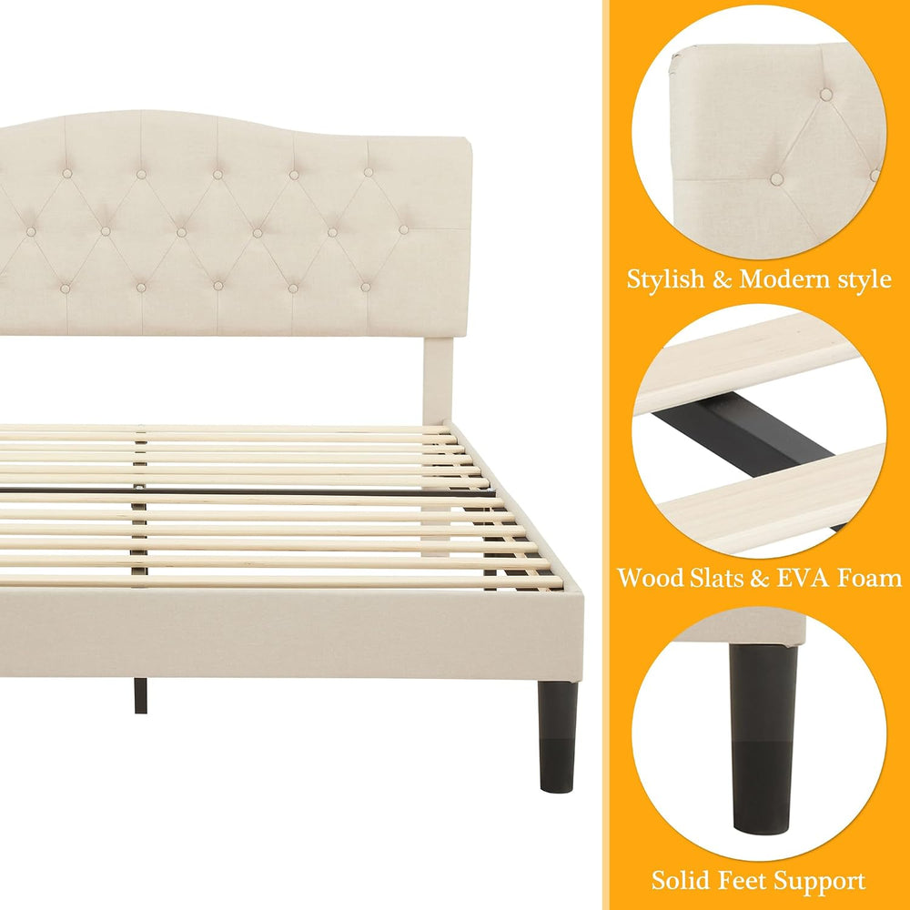 VECELO Queen Size Platform Bed Frame with Fabric Upholstered Headboard and Wo...