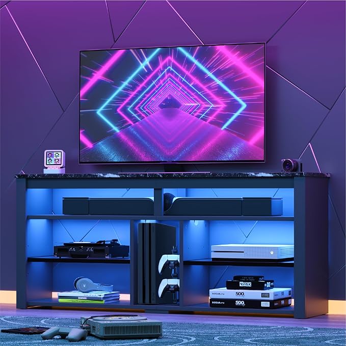 Bestier LED Tall Entertainment Center for 55/60/65 inch TV, TV Stand with Storage for PS4 Xbox, Adjustable Shelf Media Console for Living Room, Black Marble