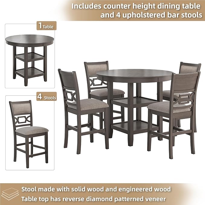 Signature Design by Ashley Wrenning Classic Upholstered Counter Height Dining Table and 4 Bar Stools with Storage, Set of 5, Gray & Light Gray