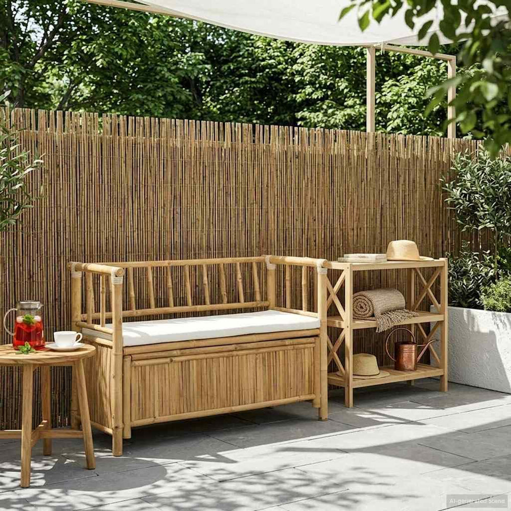 Bamboo Garden Storage Bench 110 x 47 x 80 cm, Natural Finish with Hidden Stor...