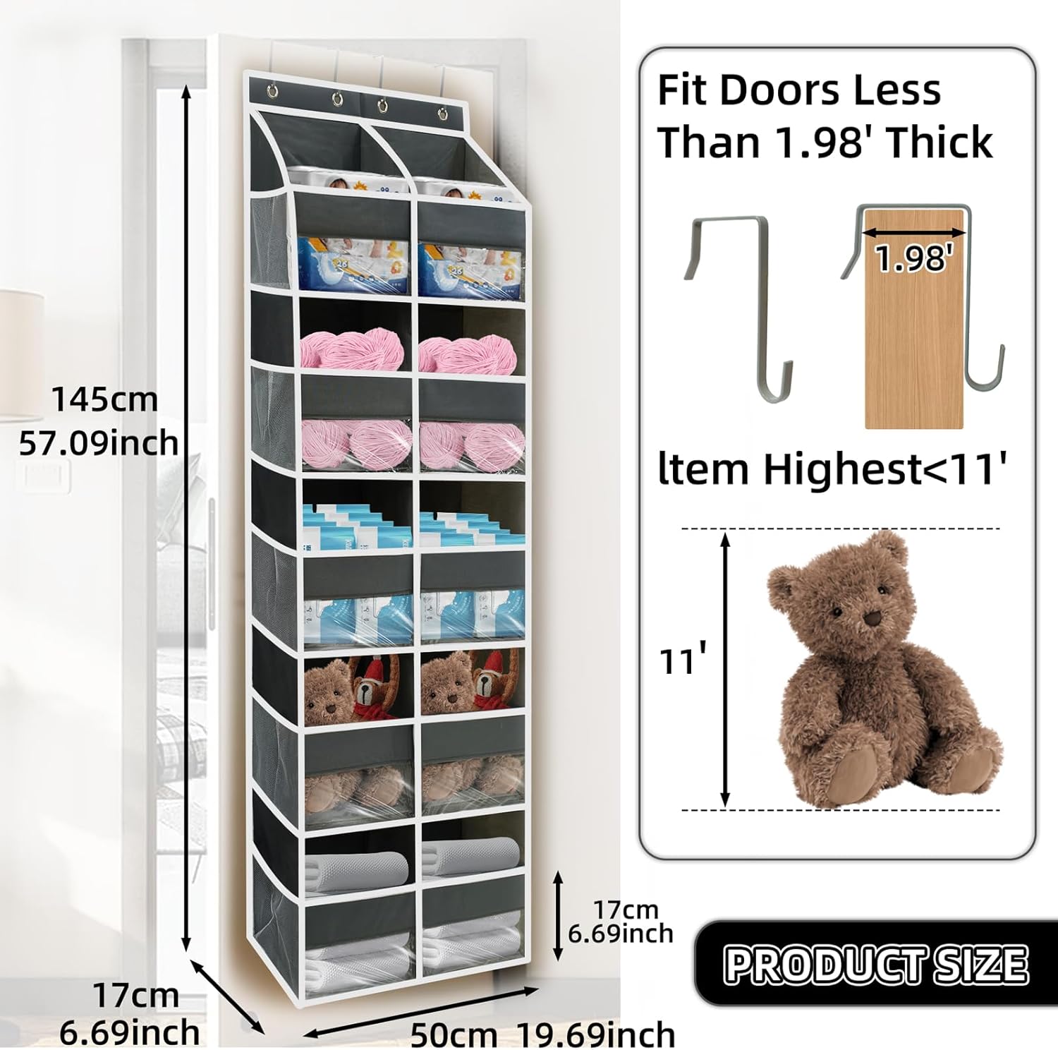 5-Tier Heavy Duty Over the Door Organizer with 10 Compartments - 600D Oxford Cloth Large Behind Door Storage for Closet, Nursery, Bedroom, Pantry, Diaper & Toy Organizer (Gray)