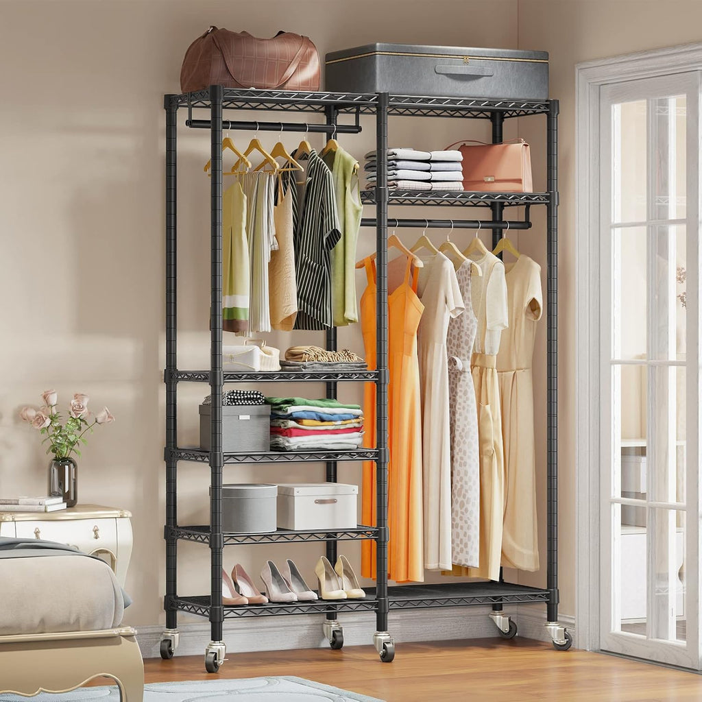 VIPEK R4 Garment Racks Heavy Duty Clothes Rack -620lb Capacity Metal Frame, Rolling Lockable Wheels & 6 Tiers Adjustable Height Shelves & Hanger Rods, Sturdy Wardrobe Closet for Home Storage, Black