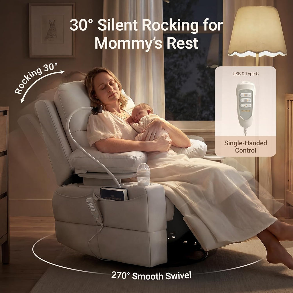 MAMAZING Lullapod Power Nursery Recliner Rocking Chair, Triple Motor Power Recliner with HugAssist Armrest, 270° Swivel Glider and Quiet Rocking Chair Nursery with Dual Charging Port and Storage